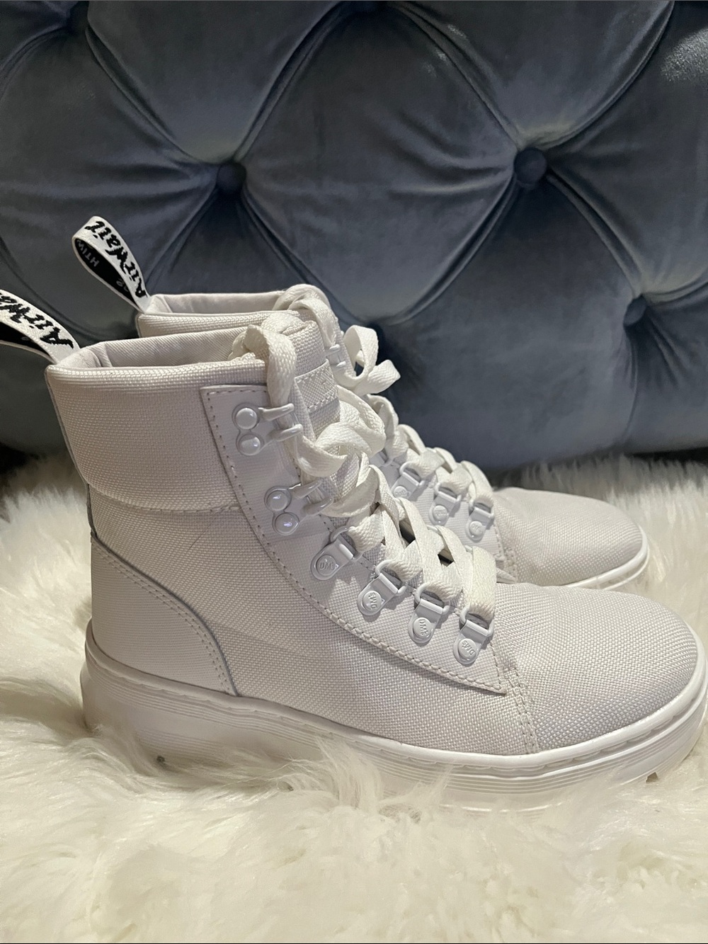 Dr. Martens White Canvas Lace-Up High-Top Boots